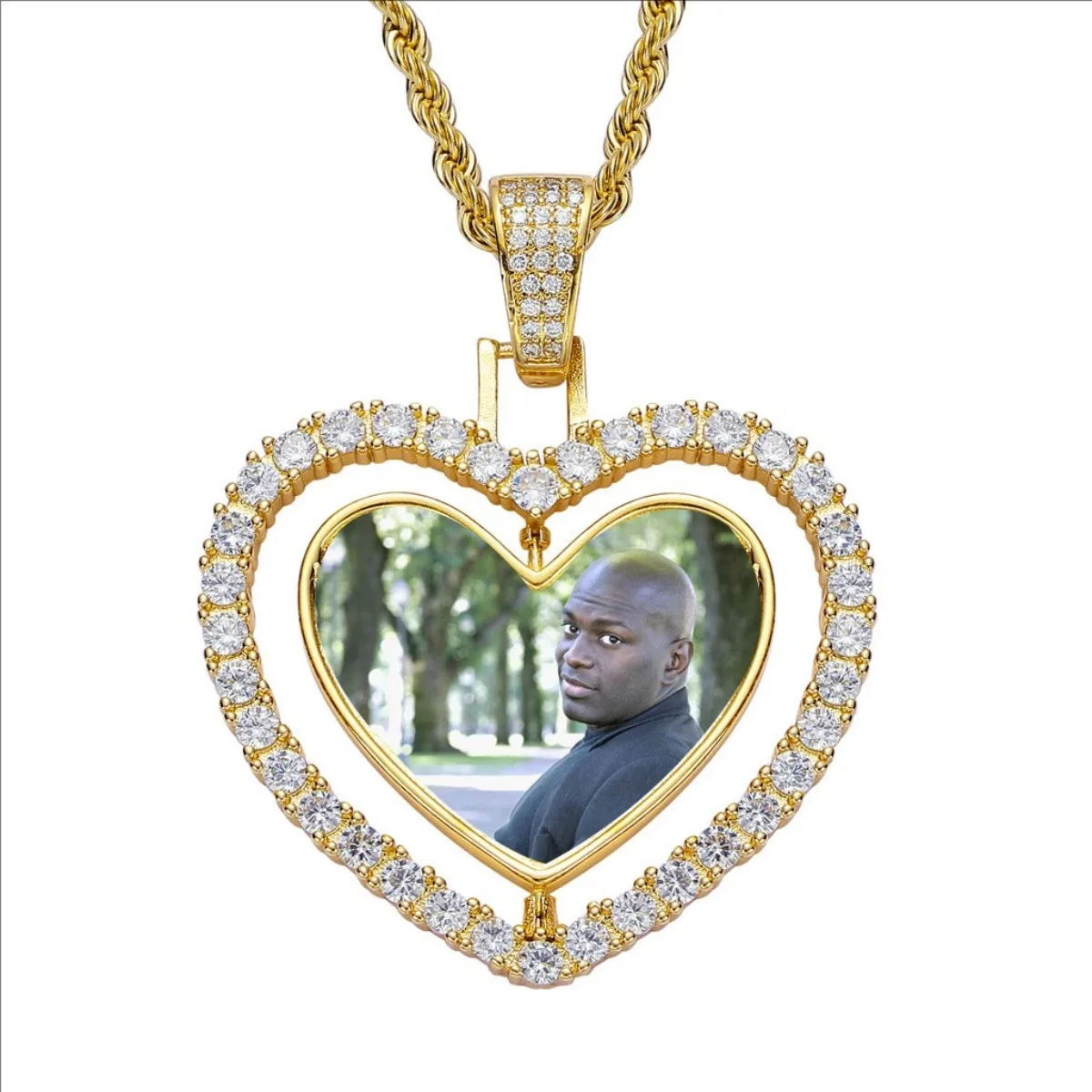 Two-Sided Heart Picture Pendant Necklace Jewelry For Her Hip Hop Custom Iced Out Photo Spinning Pendant Women Drop Shipping