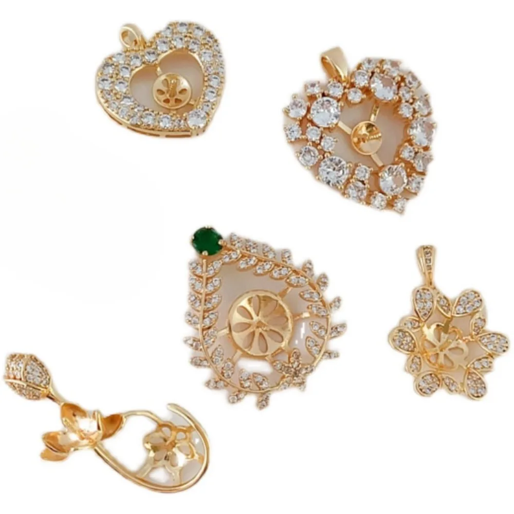 14K الذهب مرصع الزركون الدانتيل على شكل قلب زهرة برعم قلادة واللؤلؤ فارغة حامل قلادة قلادة Diy التبعي #6