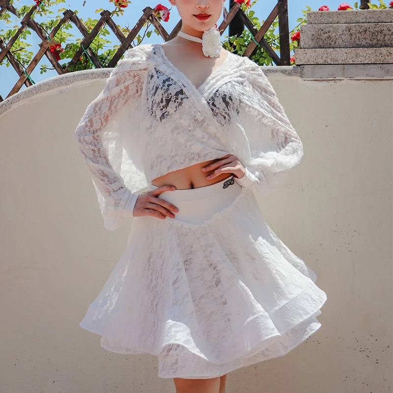

Sexy Women Latin Dance Performance Costumes White Lace Perspective Long Sleeve Top Fishbone Skirt Samba Latin Dance Wear DN21129