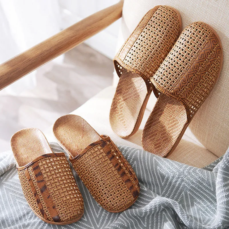 

Summer Linen Rattan Slippers Male and Female Home Indoor Closed Toe Home Wooden Floor Slippers