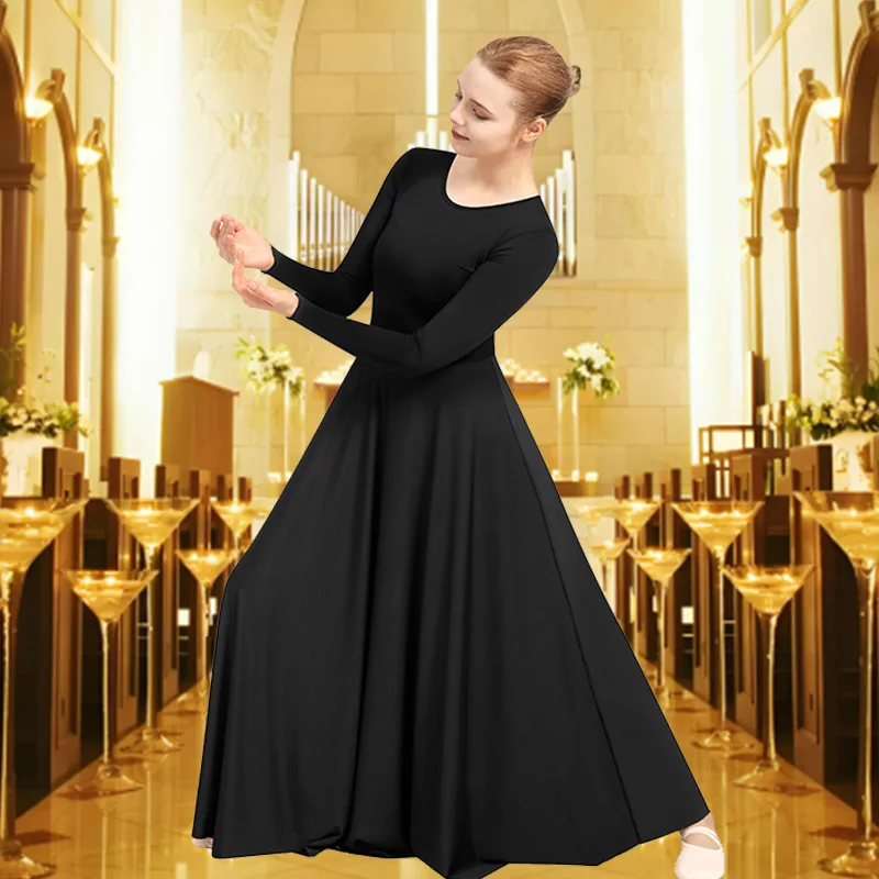 فستان رقص نسائي فضفاض مناسب لعيد الميلاد بطول كامل وأكمام طويلة للبالغين، ملابس علوية ليتورجية لعبادة الكنيسة بدون المنشعب