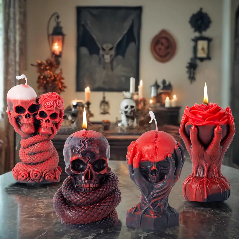 

Halloween Handheld Rose Skull Aromatherapy Candle Gypsum Mold Skull Snake Creative Food Grade Silicone Mold