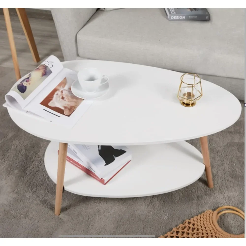 Mesa de café oval de madeira com prateleiras abertas, armazenamento e exibição, mesa de sofá de 2 camadas, móveis modernos pequenos para sala