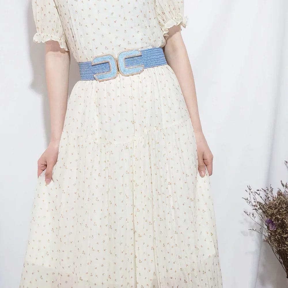 Fashion Stretch Alloy Buckle PP Grass Braided Belt All-match Elastic Waist Seal Multicolor Decorative Dress Belt for Women