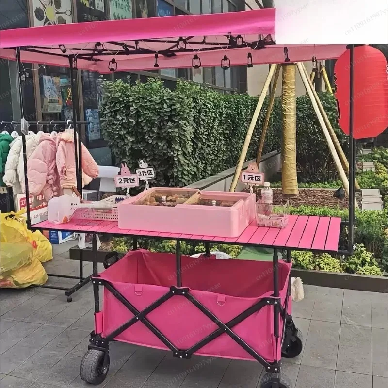 Large Foldable Stall Table Lift Trolley, Mobile Vendor Cart with Rainproof Sun Awning