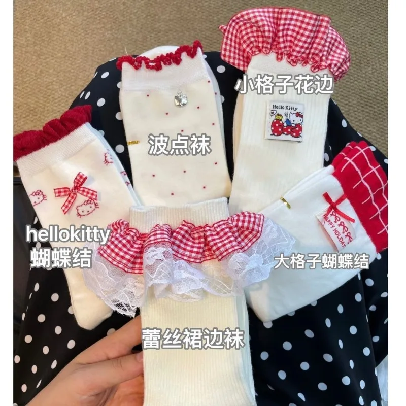 

Kawaii Hello Kitty Sanrio Student Cute Cartoon Comfortable Warm Socks Girlish Heart Lace Mid Calf Socks Christmas Gifts for Kids