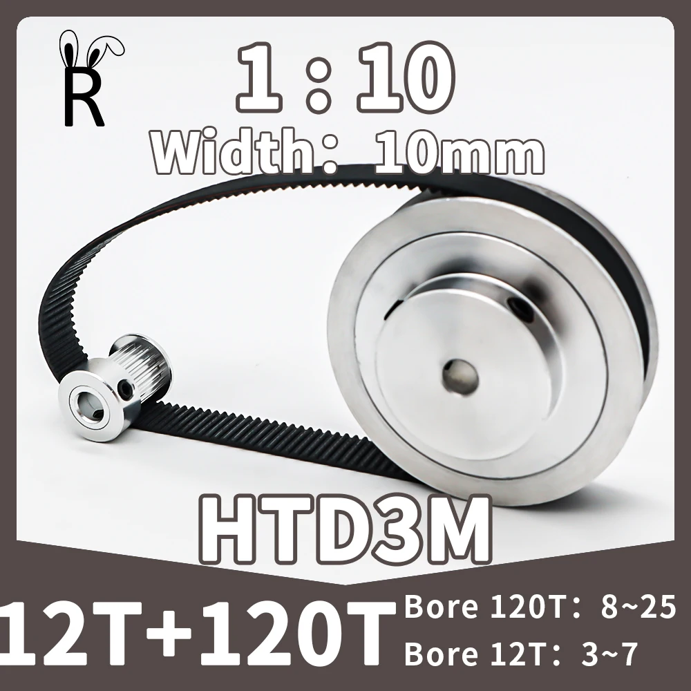 

12T 120T HTD 3M Synchronous Wheel Set Belt Width 10mm Reduction1:10 Timing Pulley Set Timing Belt Pulley Kit 120Teeth 12Teeth 3M