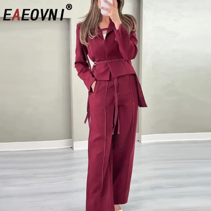

EAEOVNI 2025 Autumn New Women Two Piece Set Belt Design Short Jacket Coat + Long Pants Fashion Solid Color Office Lady Clothing