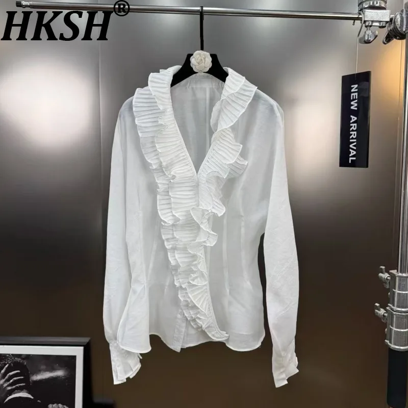 

HKSH Summer New Women Chic Shirt Ruffled Collar Long Sleeved Solid Color Versatile Casual Sweet Elegant Stylish Tide Tops HK9882
