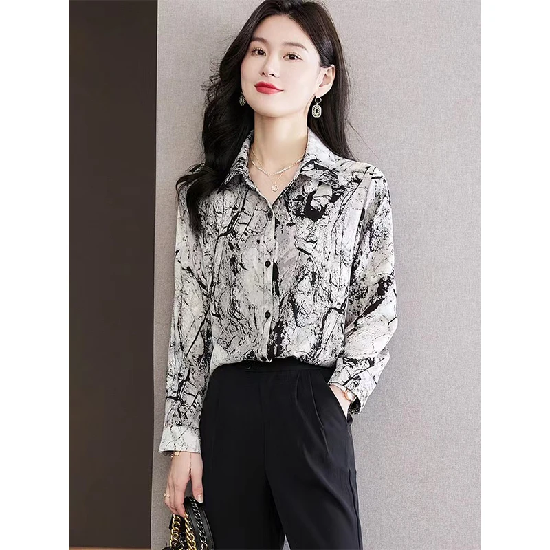 Women Spring Korean Loose Fashion printing Appear thin Polo-Neck Long sleeve Shirts women clothes Casual All-match Chiffon tops