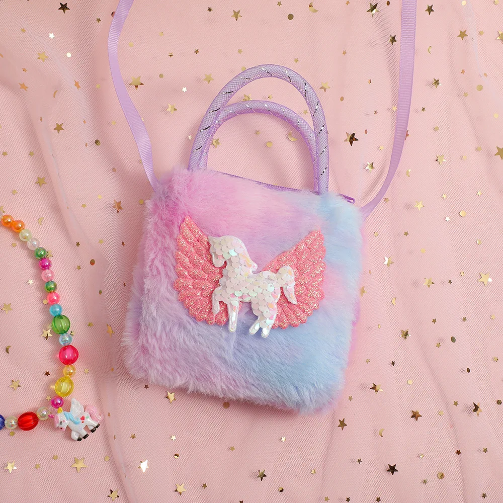Mini-Einhorn-Handtaschen für kleine Mädchen, 2–5 Jahre, Baby-Mädchen-Geschenk, schöne Flügelpferd-Kinder-Kleintasche, niedliche pelzige Tasche