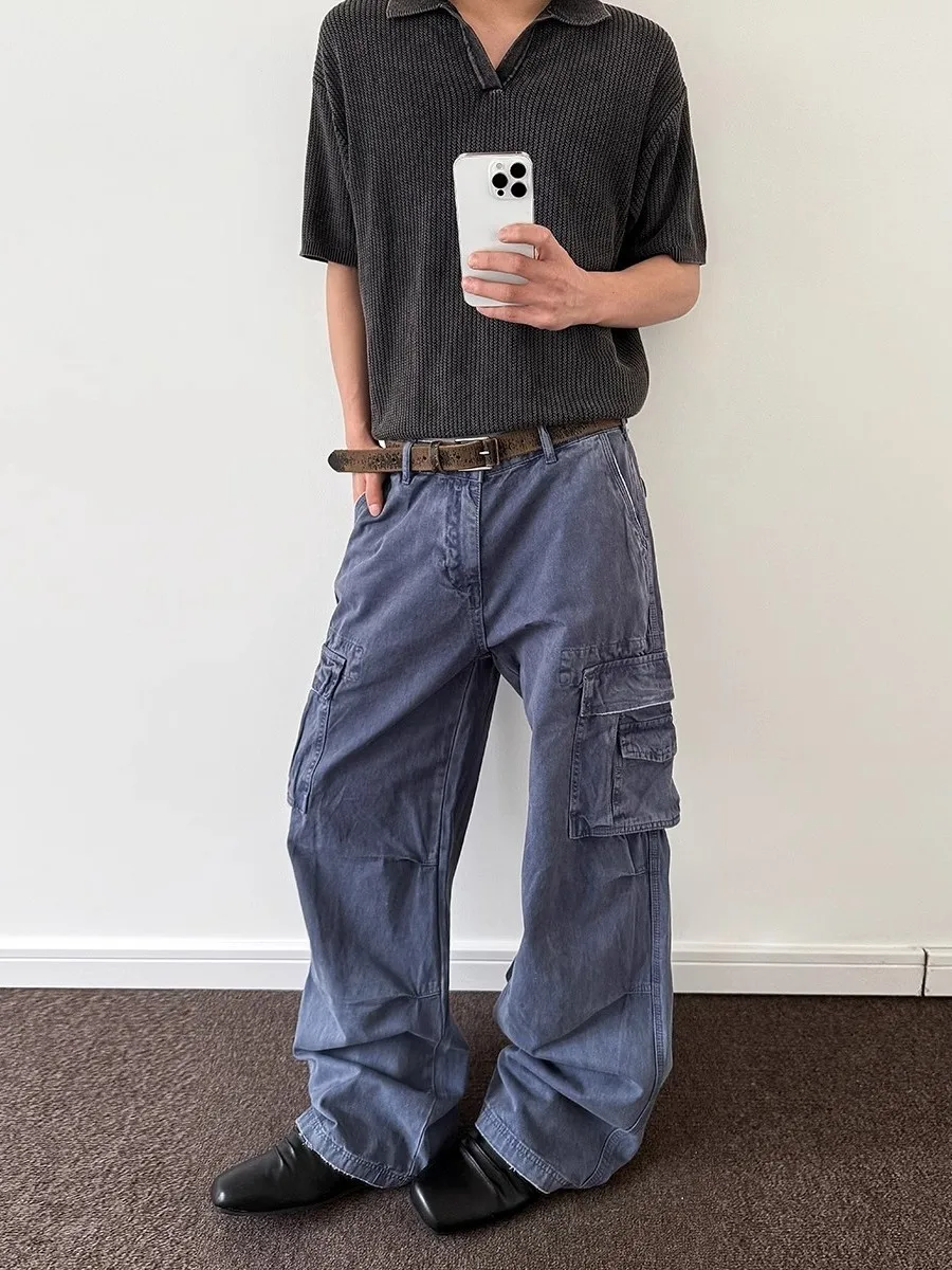 

Retro American Vintage Workwear Blue Jeans Loose Straight Casual Trousers for Men Worn Washed Denim Pants Youth Fashion