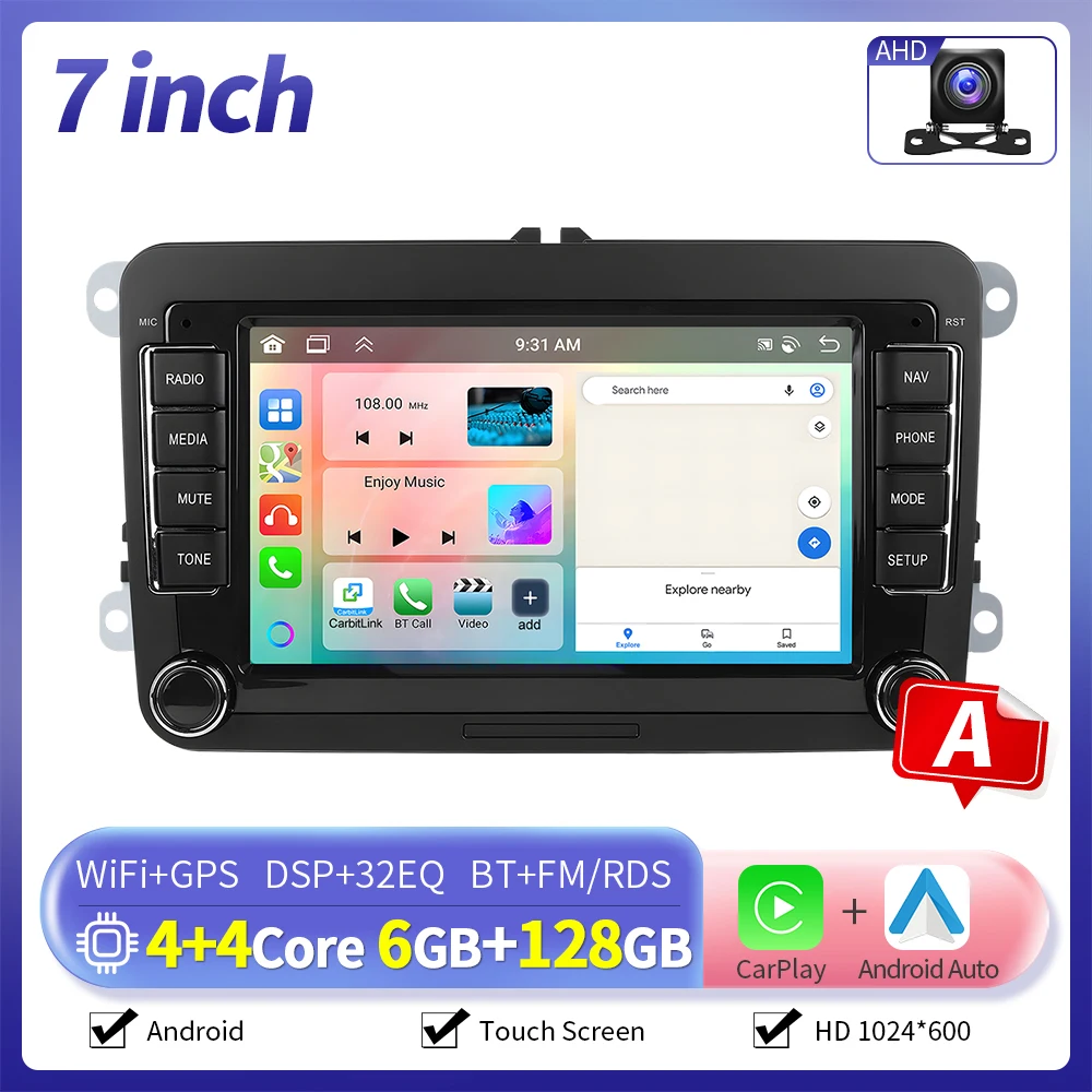 Camecho 7/9 Inch 6 + 128G Android Autoradio GPS Carplay voor VW Volkswagen Golf 5 6 Touran Passat B6 Polo Jetta Sharan Seat Skoda