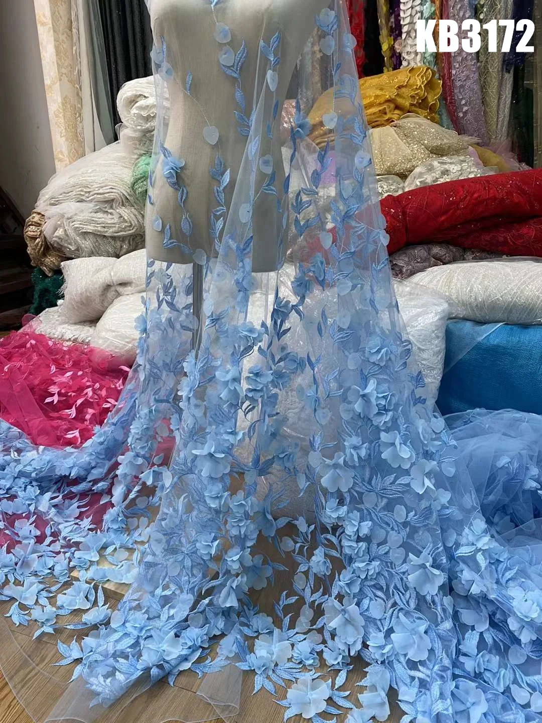 Dentelle brodée de fleurs 3D bleu ciel, tissu perlé, robe de mariée, dentelle française dorée, dentelle de tulle à paillettes pour la couture, KB3172