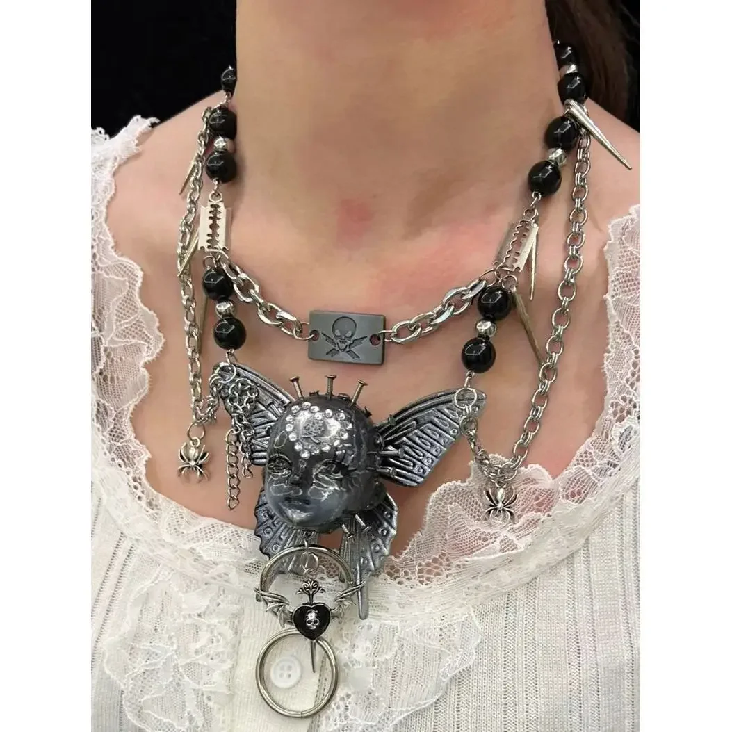 

2025 New Punk Necklace Leather Choker Cross Metal Chain Rivet Human Face Dark Trendy Cool Neck Accessories for Women Men Jewelry