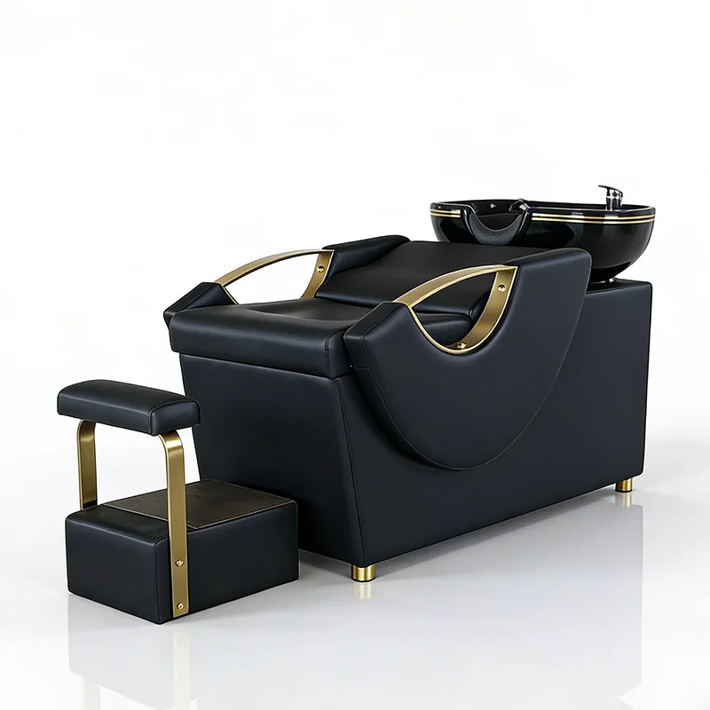 Modern Barbershop Furniture Black Leather Salon Reclining Washing Chair Bed Luxury Head Therapy Shampoo Chair with Footrest