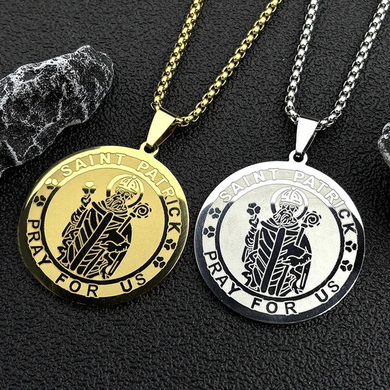 SAINT PATRICK PRAY FOR US Medal Pendant Necklace Women Men Stainless Steel Gold Color Christian Chain Amulet Ireland Jewelry