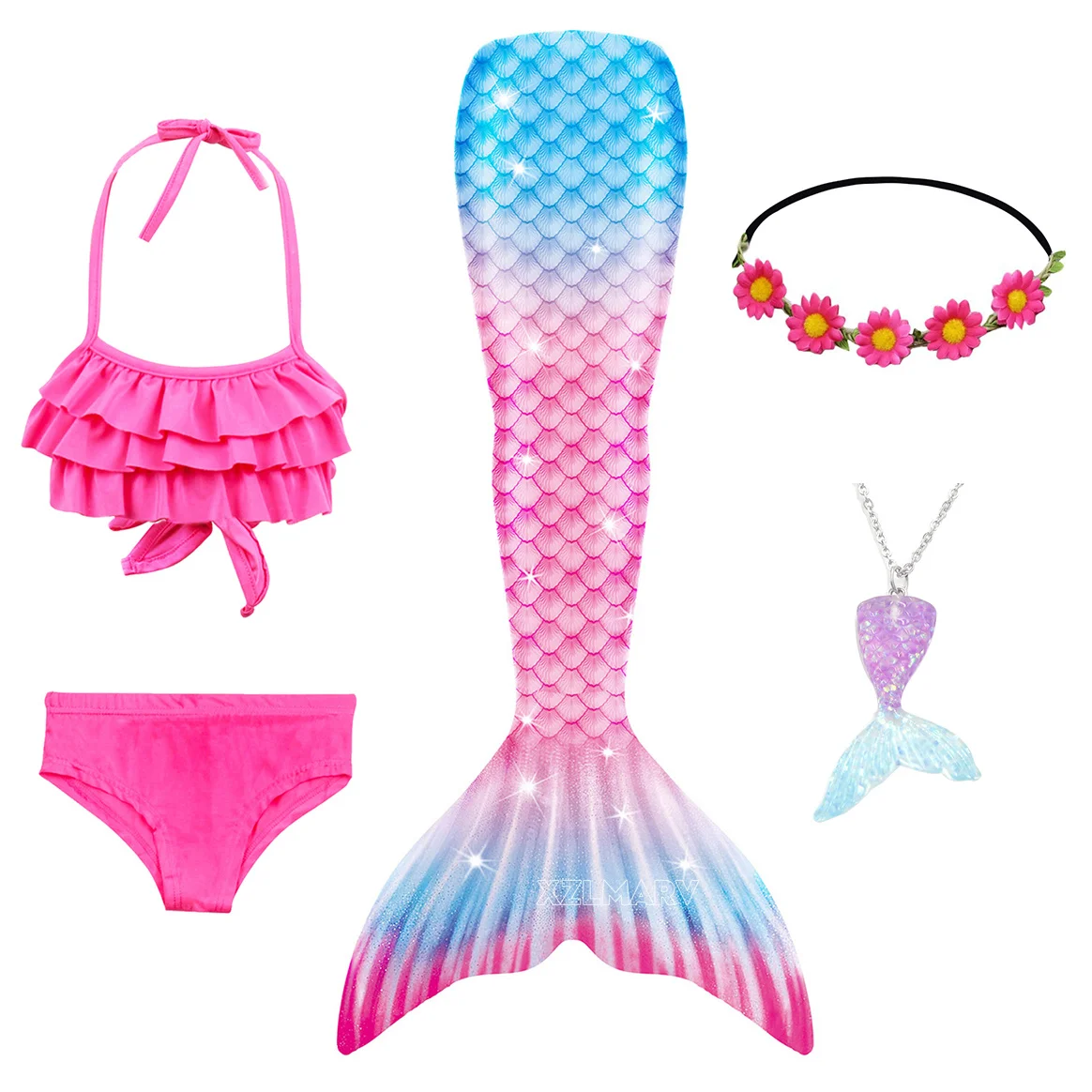 5pcs Girls Mermaid Tails for Kids Memaid Swimsuit Bikini Bathing Suit Halloween Costume Children Can add Monofin For Pool