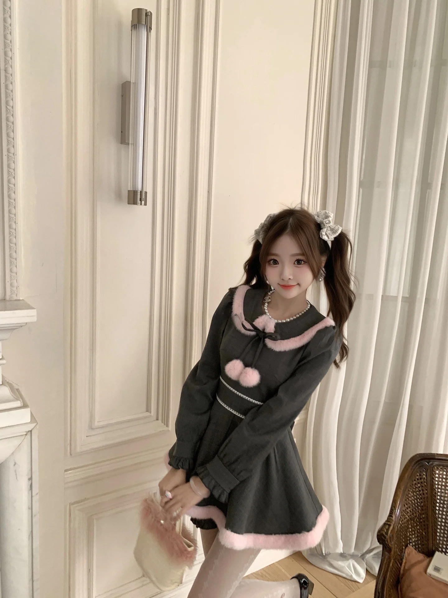 

Cute Winter Dr Original Forest Girl Sle Long Sve Polyester Fabric Fluffy ey And Pink Rabbit Print Dr for Women