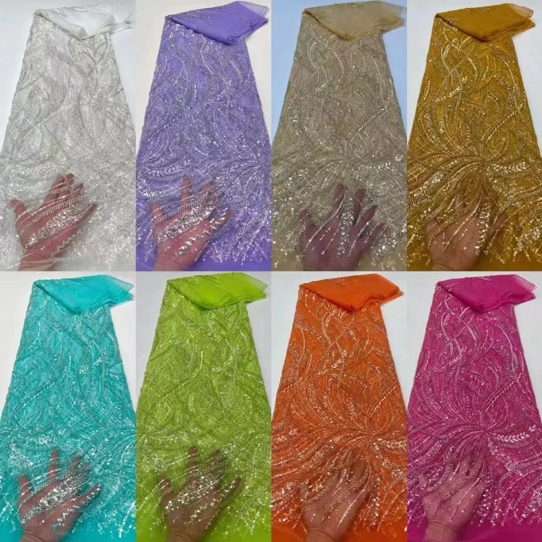 

African Sequin Lace Fabric 2024 High Quality Nigerian Net Mesh Lace Fabrics French Embroidery Sequence Beads Tulle Lace Fabric