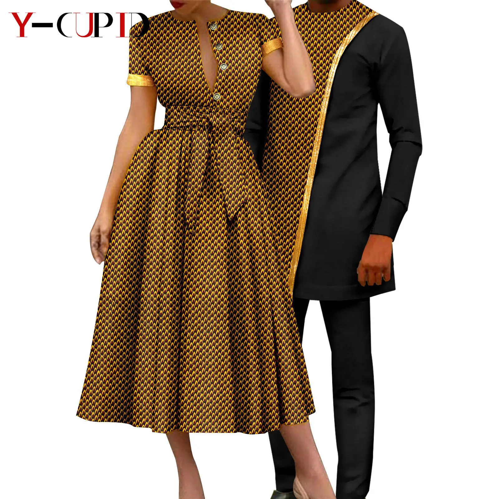 African Couple Matching Clothes Dashiki Women Print Dresses Bazin Riche Men Outfits 2 Pieces Suit Top and Pant Sets Y23C094