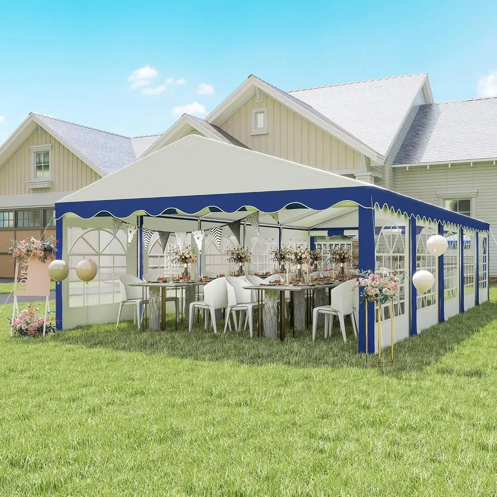 Durable Large Outdoor Party Tent with Removable Walls, 10 Windows, 2 Doors, Ideal for Events, Weddings, BBQs, White & Blue