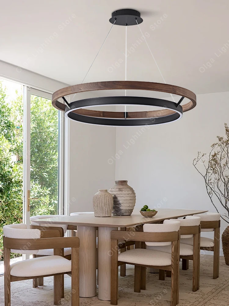 

Led Home Decor Brushed Bronze Metal Ceiling Chandelier Lights, Nordic Vintage Wooden Round Pendant Lamp for Dining Room Lustres