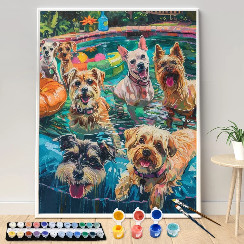 Painting By Numbers The Dog At The Swim Party Animals Adult Acrylic Kit DIY Art Paint Canva Artwork Gift Home Decoration