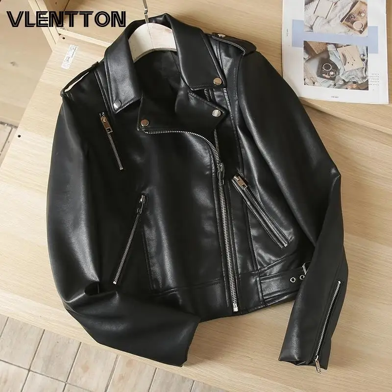 2024 Spring Autumn Women Black Faux Leather Jacket Casual Zipper With Belt Biker Coat Female Casual Solid Short Outwear