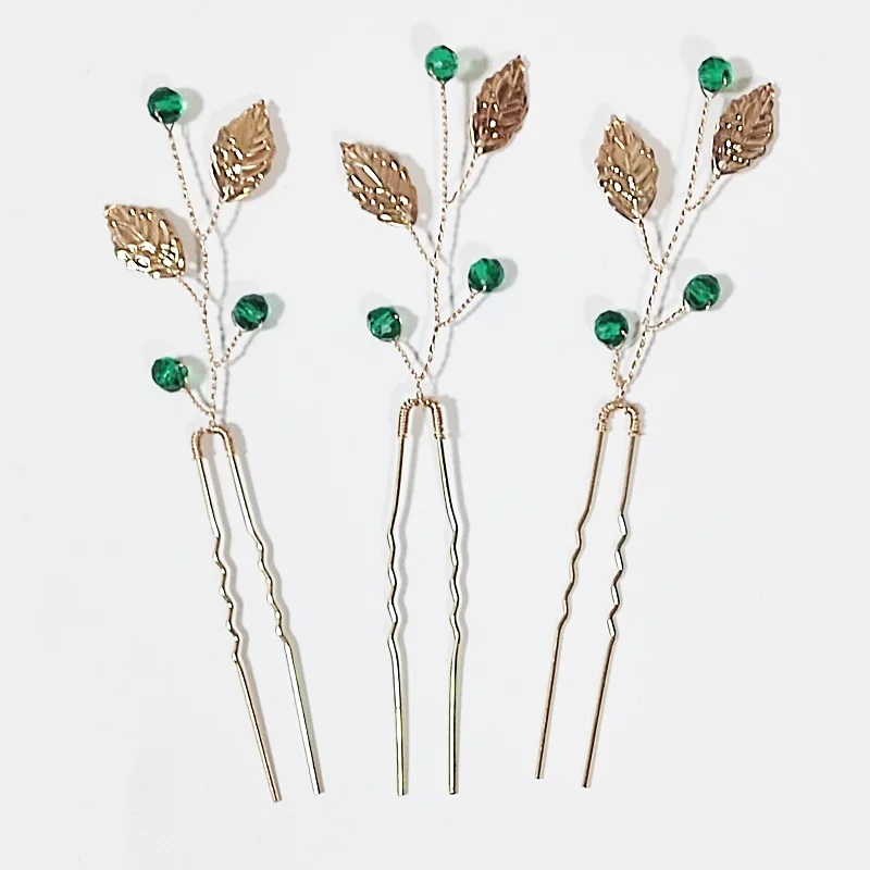 3pcs set Green Brilliant Crystal U-Shape Pearl Hairpins Headpiece, Rhinestone Hair Pins for Updo Hairstyle Accessories