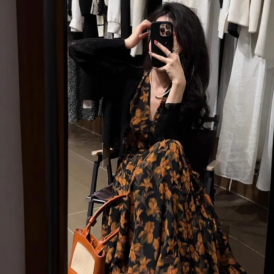 

Женская свободная длинная юбка с v-образным вырезом и цветочным принтом в стиле ретро, повседневная спортивная одежда, весна 2025 г.