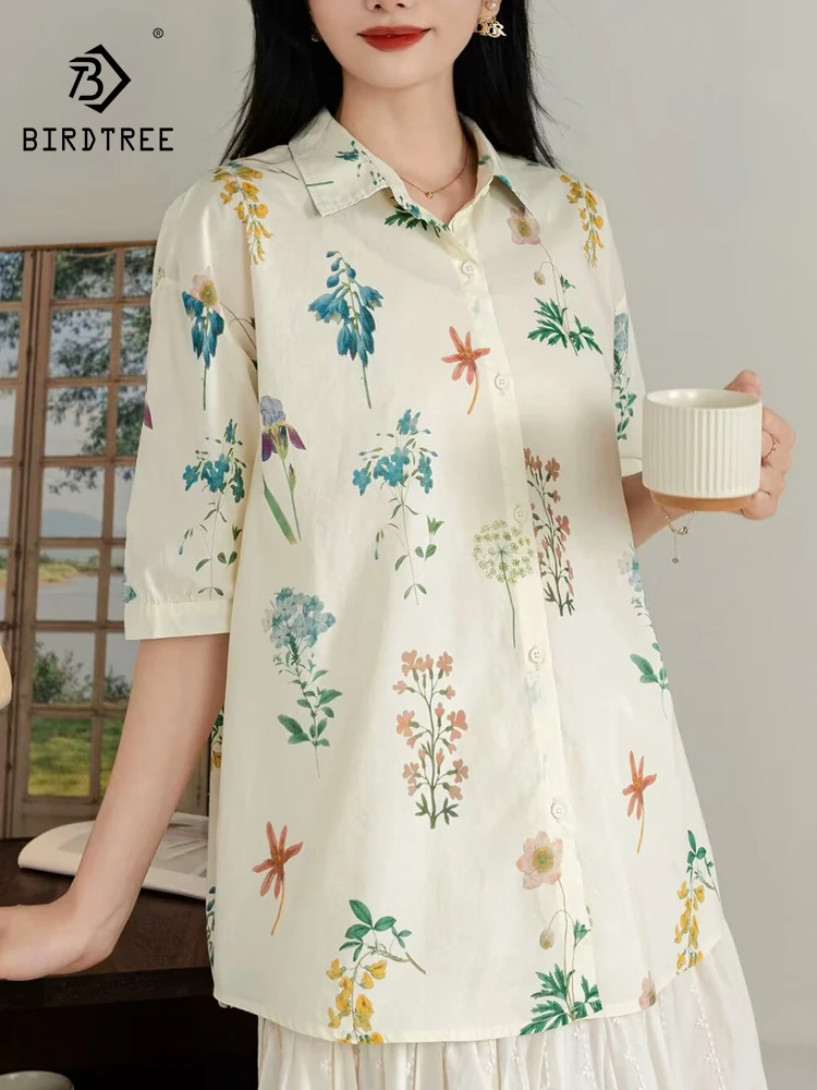 

New 2025 Summer Cotton Half Sleeve Shirt, Women Turn-down Collar Print, Mori Girl French Casual Loose Mid-Length Blouse T56458CC