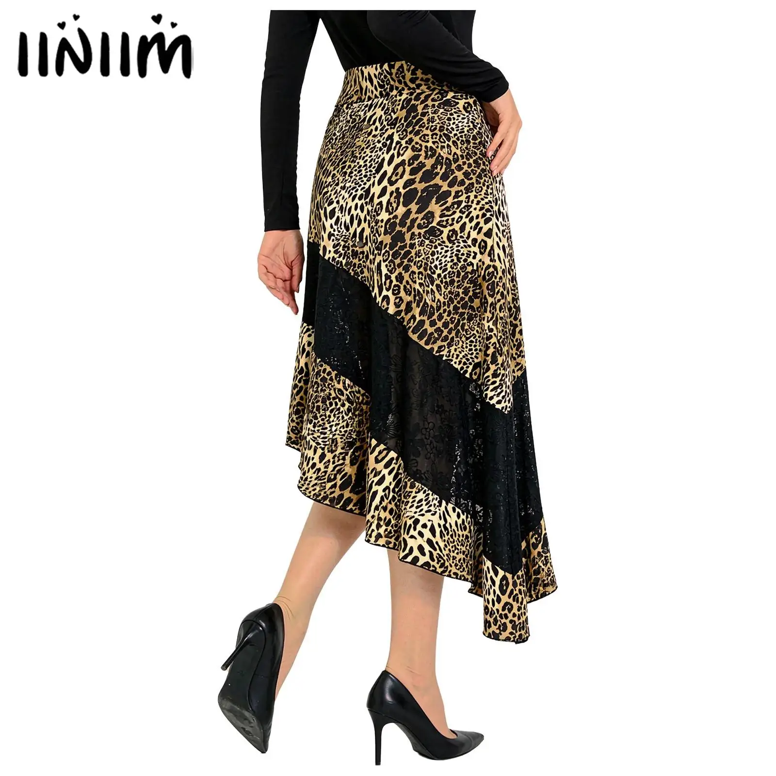 Women Adult Sheer Floral Lace Skirts Music Festival Costume Leopard Print Skirt Side Invisible Zipper Irregular Hem Midi Skirt