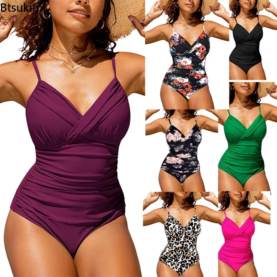 

New 2025 Women's Sexy Beach Monokini V Neck Backless Sleeveless Pleated Bathing Spaghetti Strap Slim Women Swimwear Water Sport