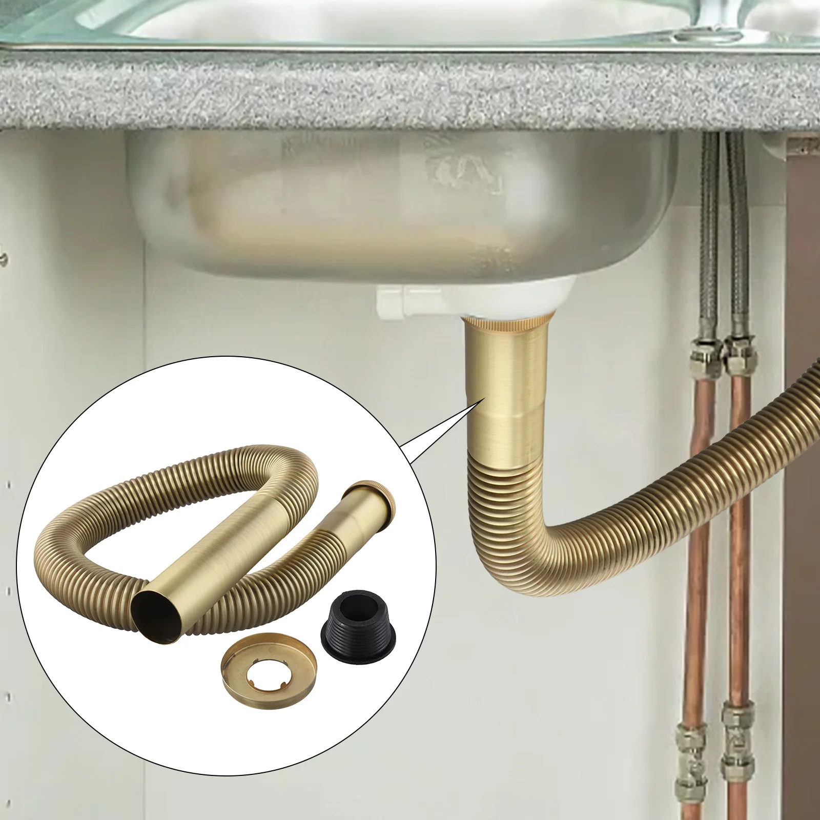 Hose for Sink Drainage Made of Brass with Flexible Design to Fit Undermount Installations and Support Continuous Water Flow