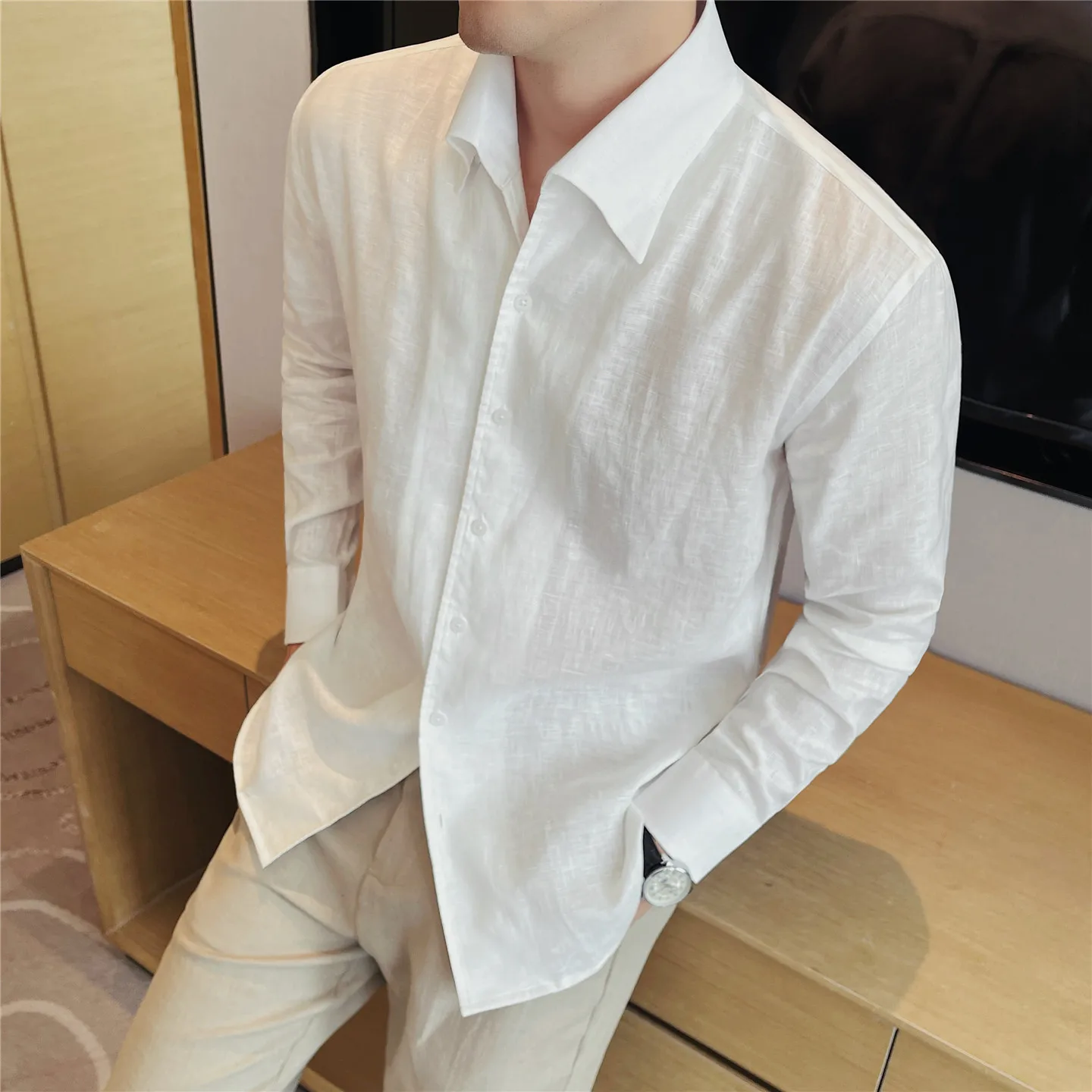 

100% Linen Shirts Men Summer High Quality Lightweight Long Sleeve Casual Shirt Solid Color Breathable Daily Fashion Beach Tops