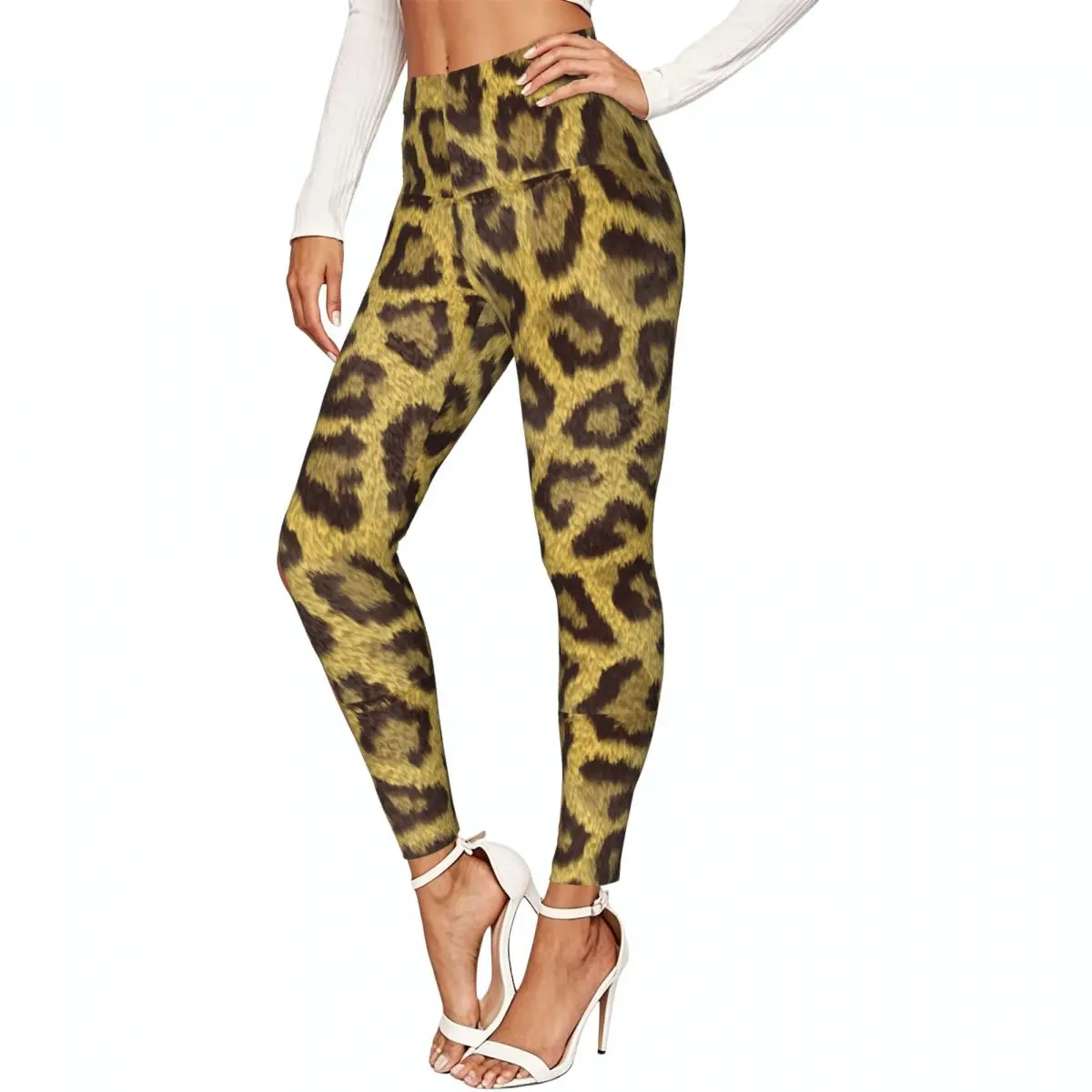 Women High Waist Elastic Leggings Leopard Stains Background Slim Fit Stretchy Pants Casual Wear