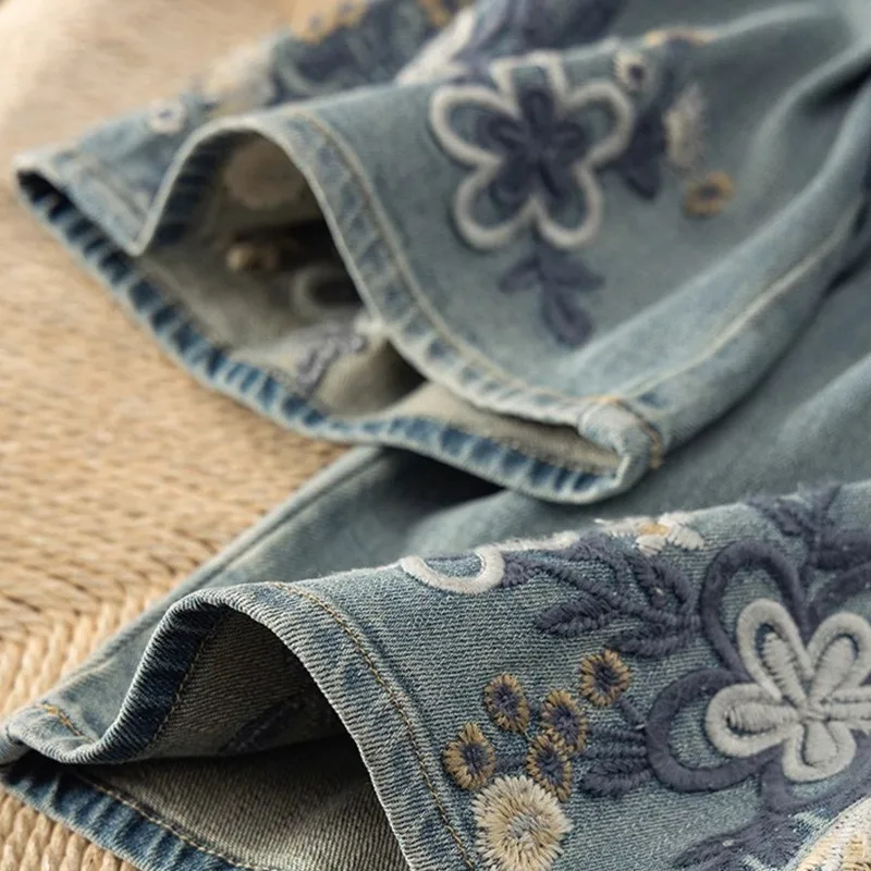 New Spring and Summer Heavy Embroidery High Waist Wide Legs Making One Look Taller Slimmer Loose Straight-leg Women's Clothing