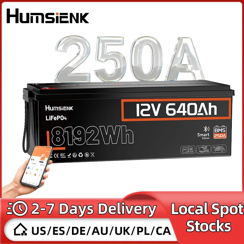 

Humsienk 12 В LiFePO4 640 Ач аккумулятор 8192 Втч глубоких циклов A + ячейка с Bluetooth-монитором BMS 250 А для автодома/яхт/кемпинга/выключения/UL 1973
