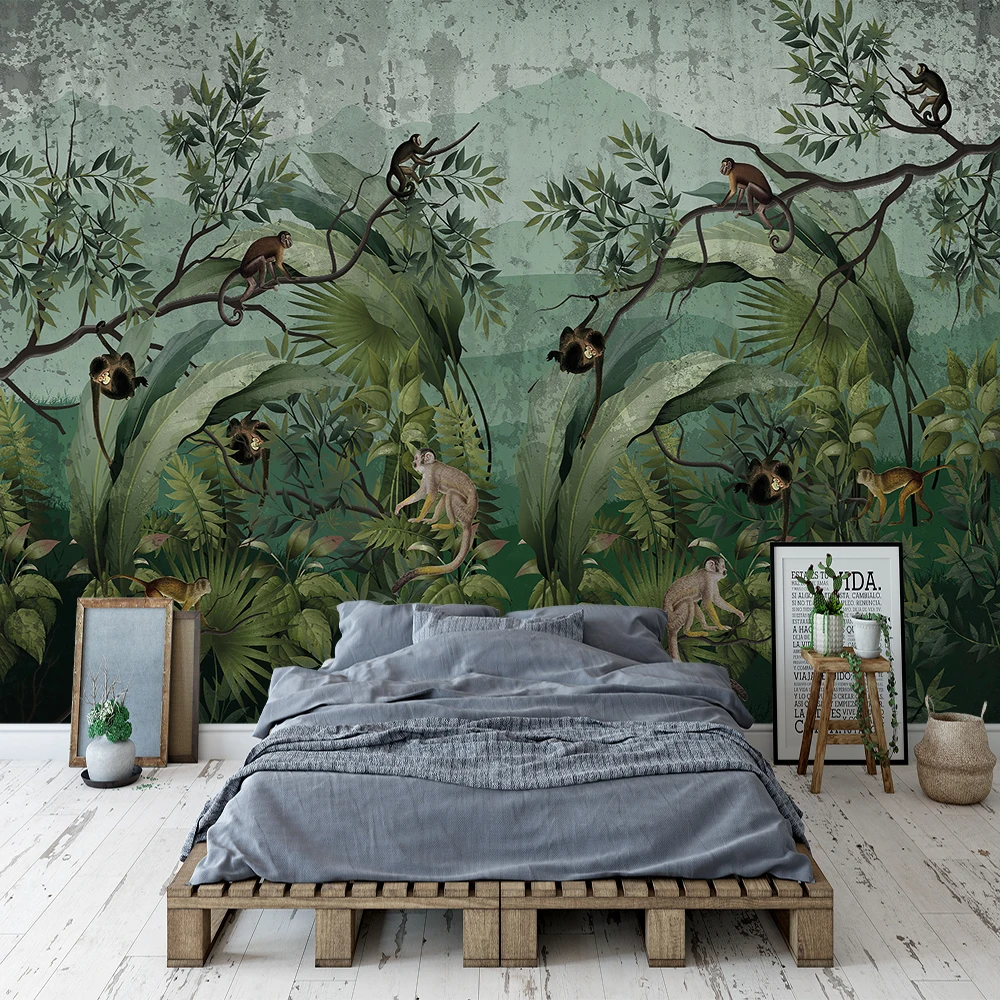 

Milofi Custom Tropical Forest Monkey Vintage Wallpaper Mural Drawing Room TV Background