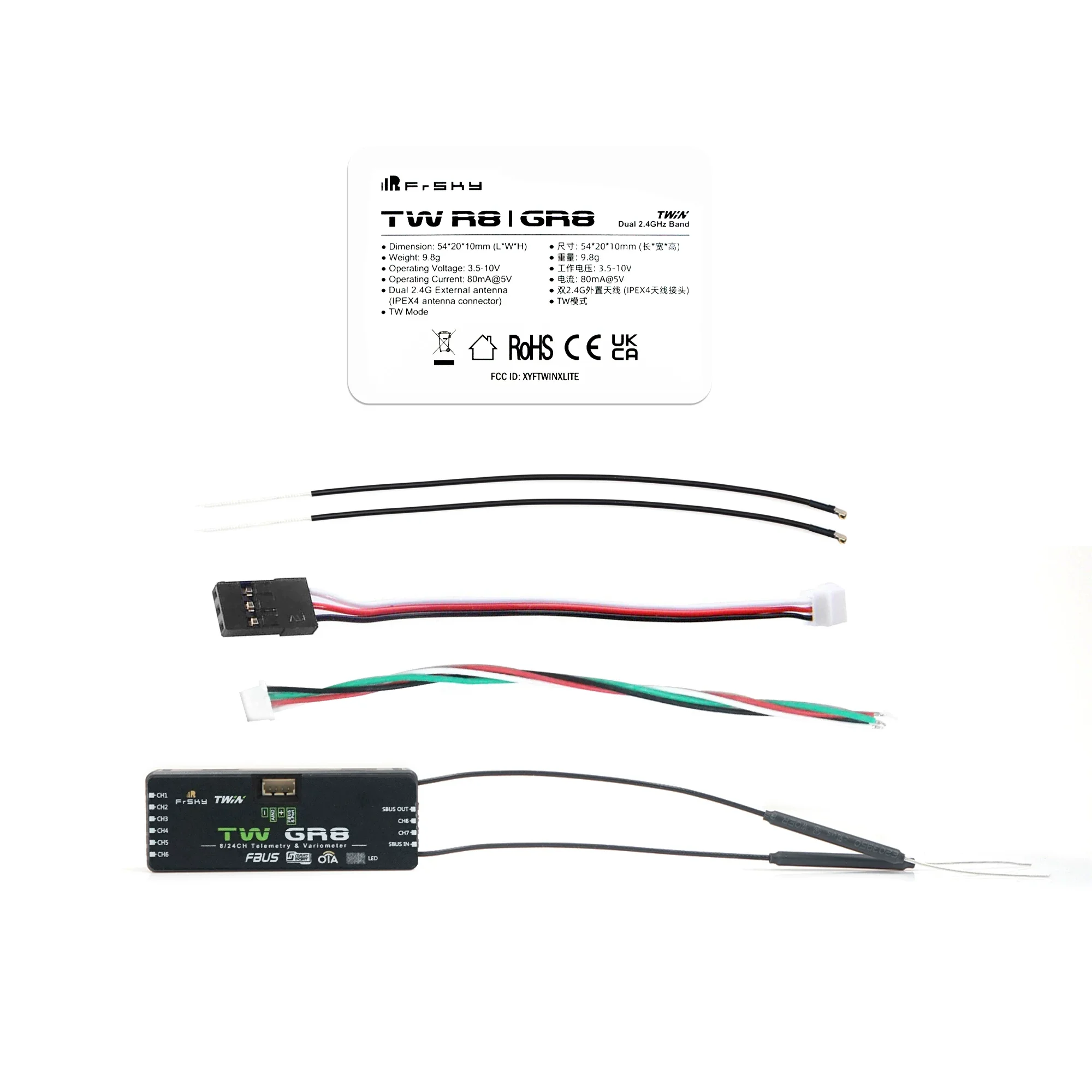 FrSky TW GR8 Dual 2.4G Receiver with 8CH Ports / High-Precision Variometer Sensor / Black-Box Function