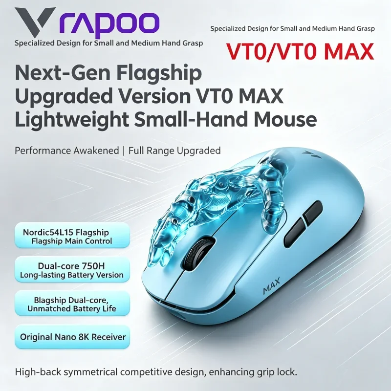 Dual 8KHz Polling Rate 45000DPI Ergonomic Design For PC Gamer FPS Gaming Rapoo VT0 MAX Mouse PAW3950 PAW3398 Nordic54L15 Chip