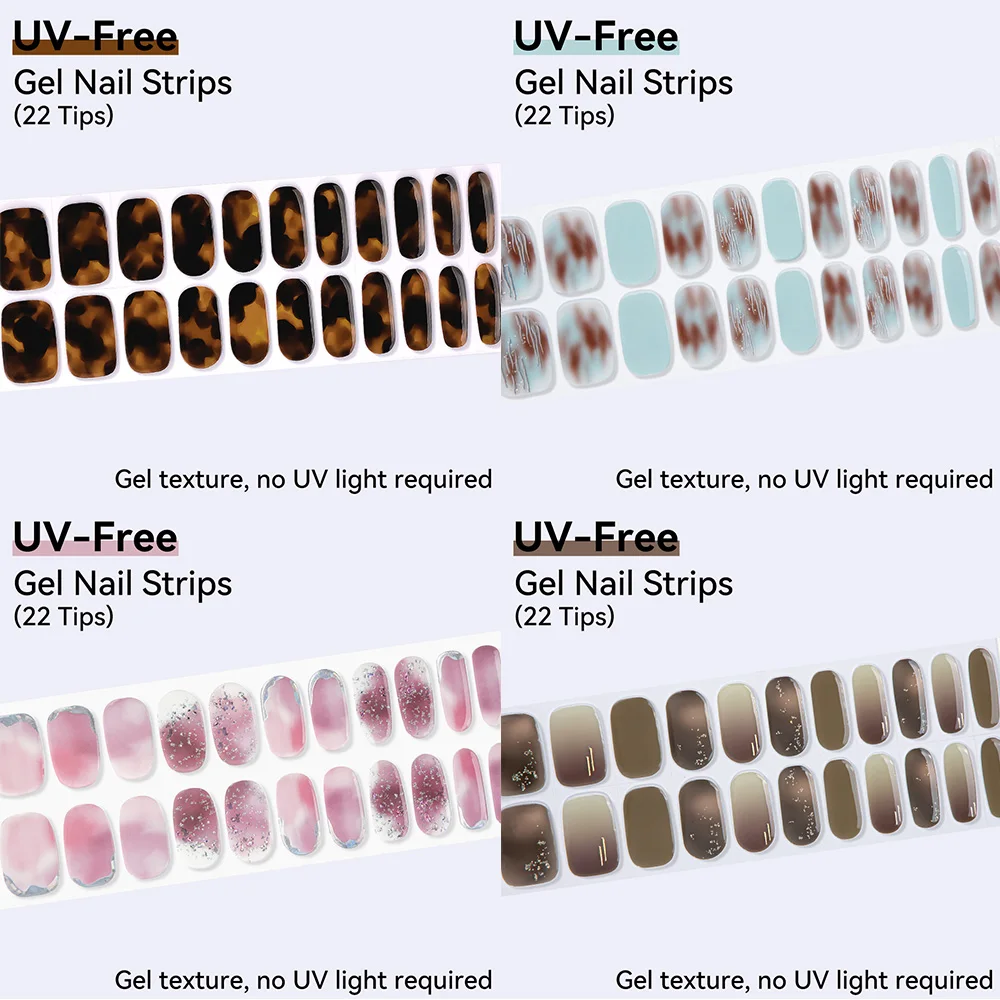 UV-freie Gel-Nagelstreifen, 22 Tipps, selbstklebende Gel-Nagelaufkleber, DIY-Maniküre-Dekoration, Glitzer, Bernstein, Grau, Rosa, getauchter Effekt