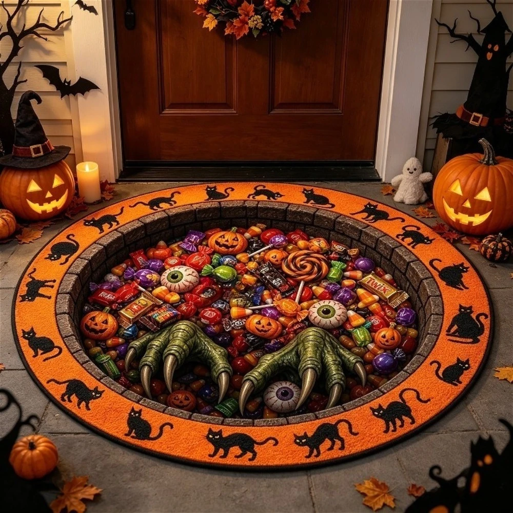 3D Monster Claw Candy Pit Round Floor Rug,Spooky Halloween Candy Pumpkin Print Circular Carpet,Black Cat Border Mat for Entryway