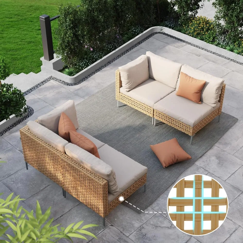 4-Piece Wicker Patio Furniture Set, Boho Outdoor Sectional Sofa with Water Resistant Thick Cushions