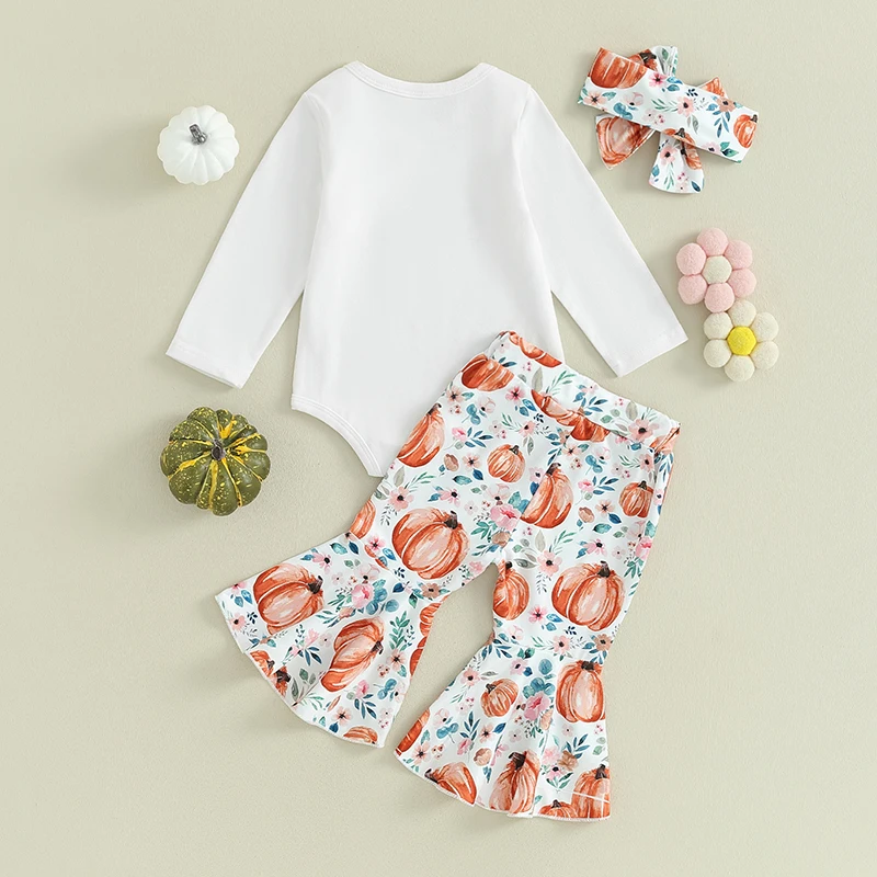 

Adorable Infant Girl Halloween Costume Set with Cute Letter Print Romper Pumpkin Flare Pants and Bow Headband for a Spooky