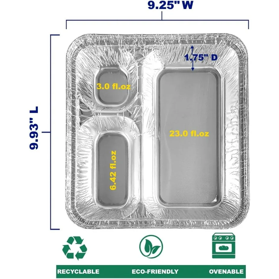 Large 3-Compartment Oblong Aluminum Foil Take-Out Pan Senior Feeding TV Dinner Entrée Tray w/Board Lid (Pack of 50 Sets)