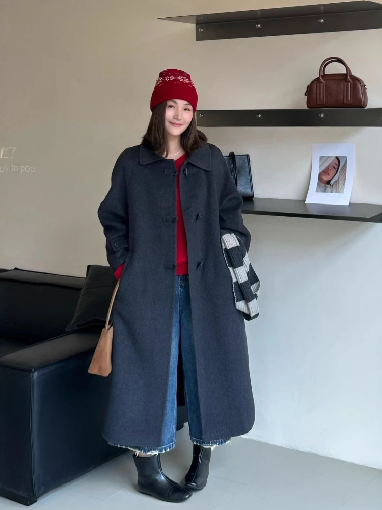 الشتاء النساء معطف الصوف دمية طوق صف واحد واق من المطر على الوجهين الصوف سترات فضفاضة الخصر الدانتيل متابعة رشاقته معطف طويل خندق