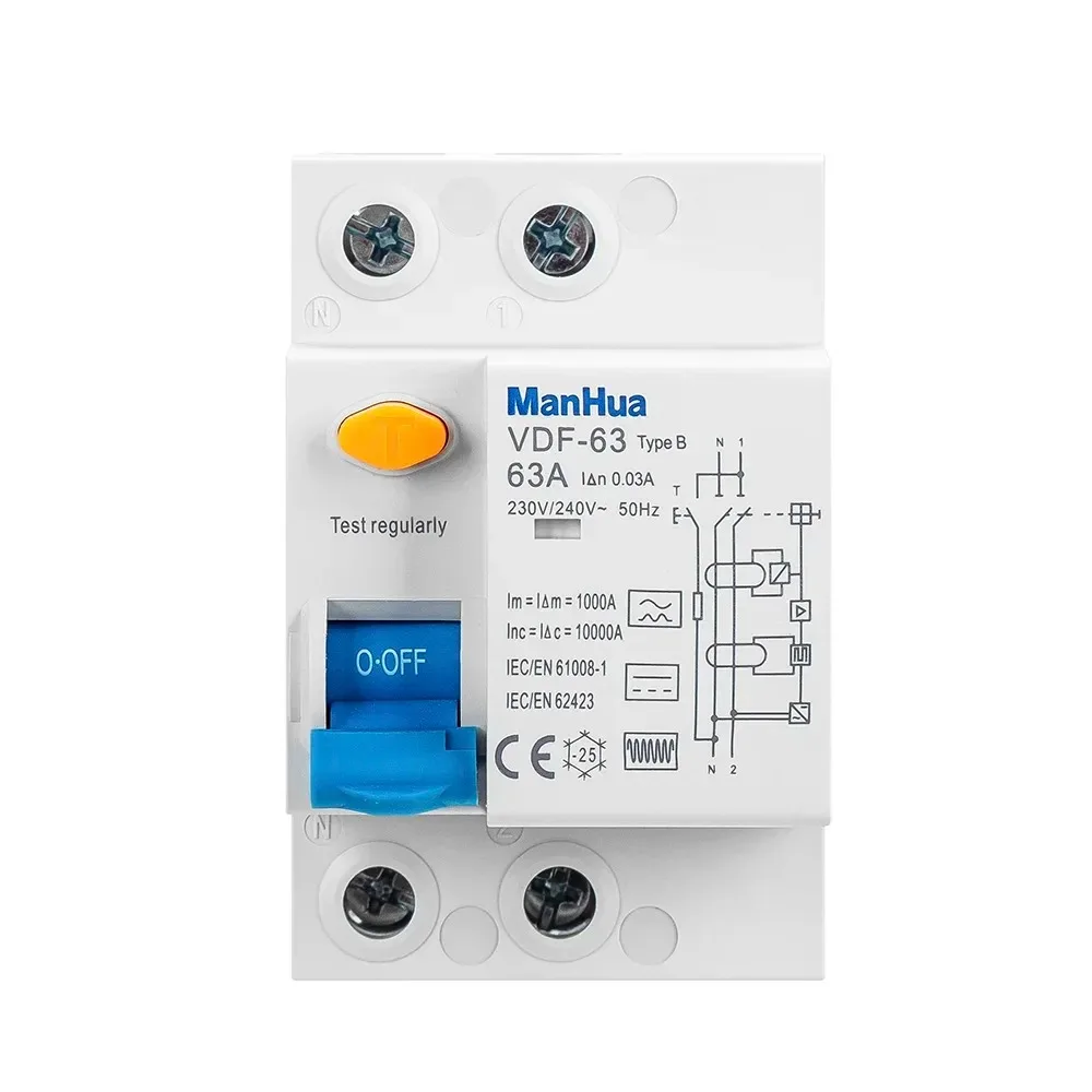 ManHua VDF-63 2P Type B 63A RCD RCCB Electric Leakage Breaker Residual Current Protection For EV charging