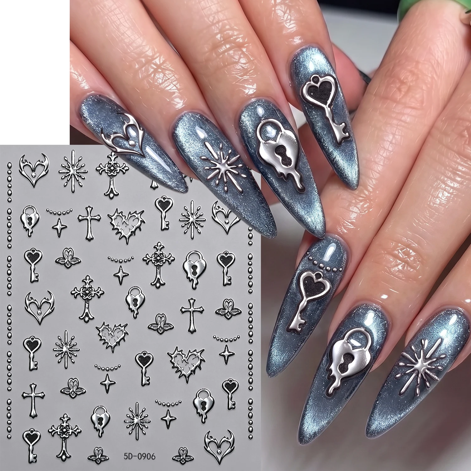 1 Blatt 5D Geprägter Silberner Gotischer Kreuz-Nagelaufkleber Y2K Mond-Sternenlicht Nagelsticker Selbstklebend Premium Salon Nagelslider ^E3 – Detail 2